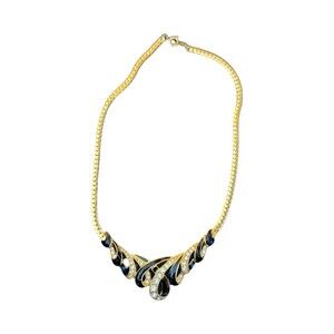 Singed Trifari Black Enamel Clear Rhinestone Gold-tone Necklace 16in